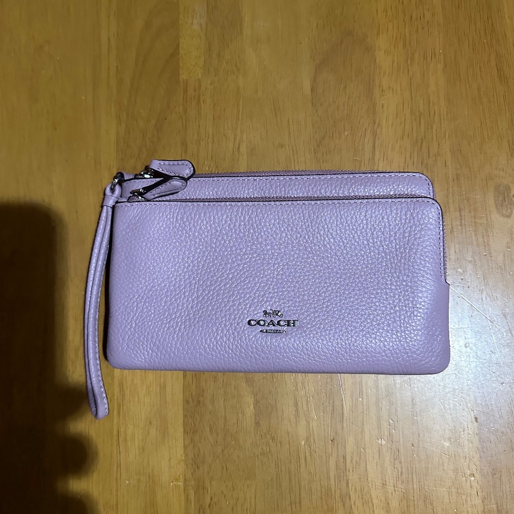 EUC, Coach double zip pebble leather wallet, ice purple/silver hardware